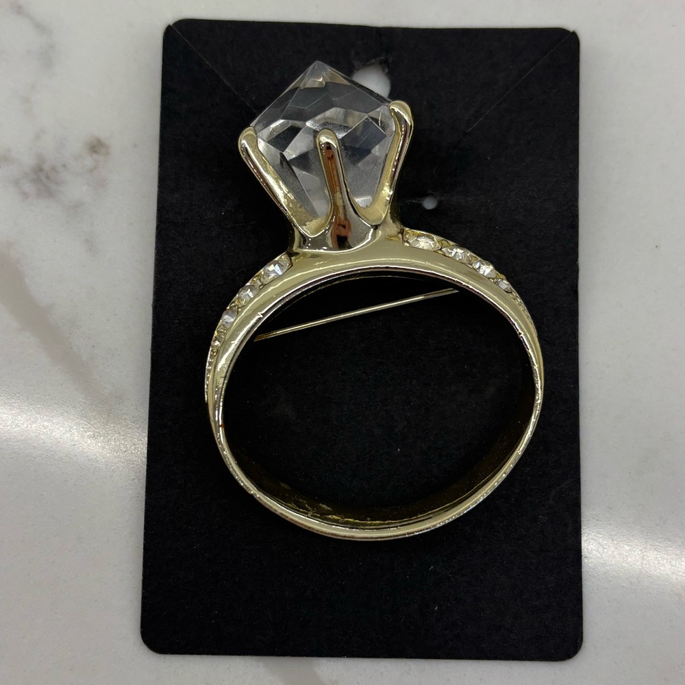 Vintage AJC Engagement Ring Brooch Pin Gold Tone Rhinestones Bachelorette